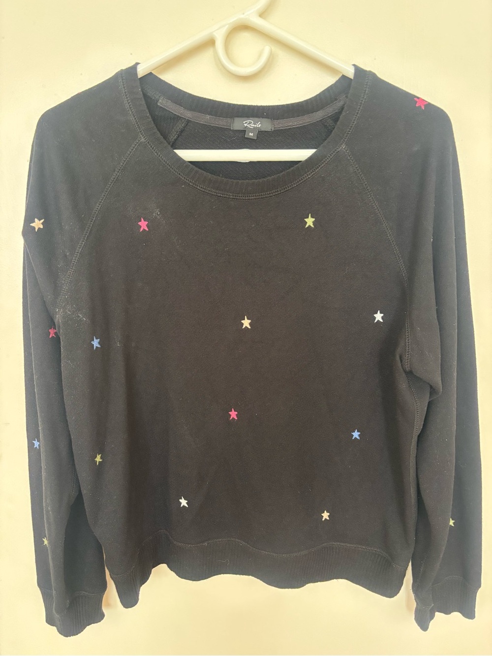Rails Theo Black Crewneck Sweatshirt with Multicolor Star Embroidery